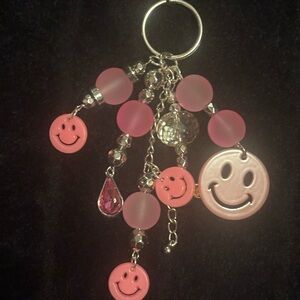 KB Pink purse charm Smiley Face Keychain girlie gemstone hippie cheeky keys bee